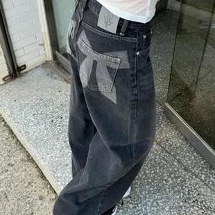 Exclusive type 朴秀荣同款个性后口袋蝴蝶结印花宽松直筒牛仔裤