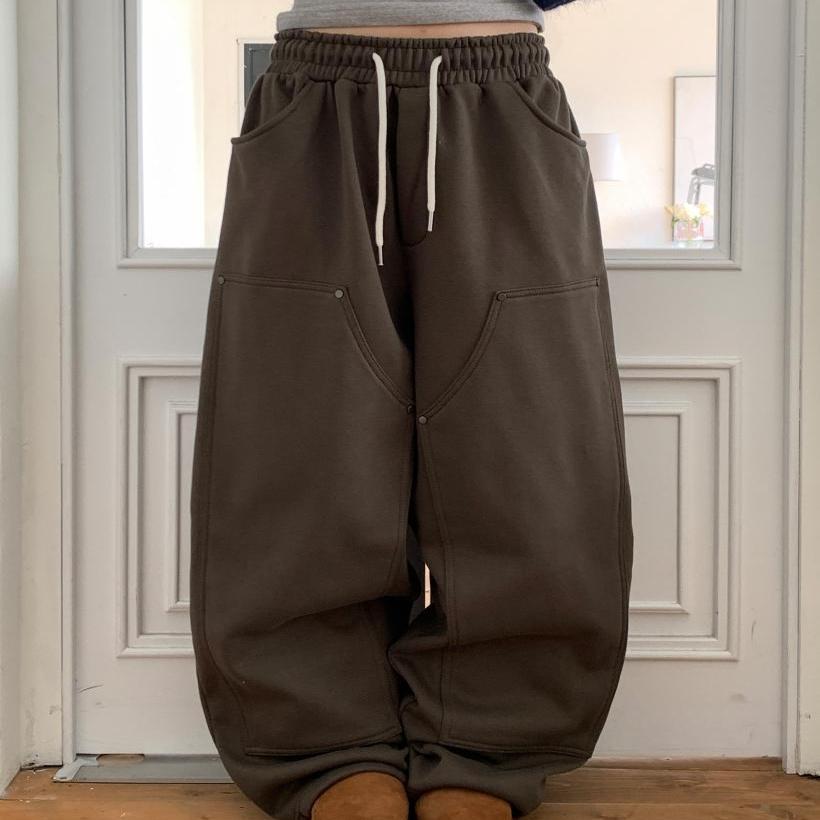 松紧腰阔腿休闲裤裤贴口袋铆钉