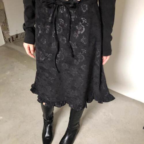 纹印花抽绳绑带花边半身中裙