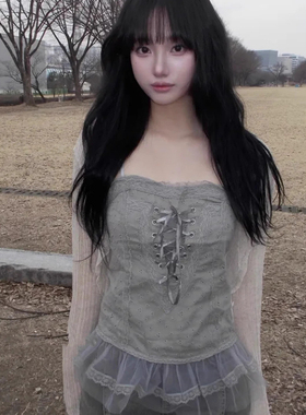 Exclusive type 古早日系街头y2k蕾丝拼接系带设计修身吊带背心女