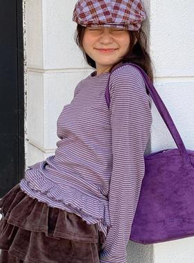 Exclusive type 街头韩版紫色条纹层次褶皱荷叶边设计修身长袖T恤