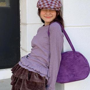 长袖 Exclusive 紫色条纹层次褶皱荷叶边设计修身 街头韩版 T恤 type