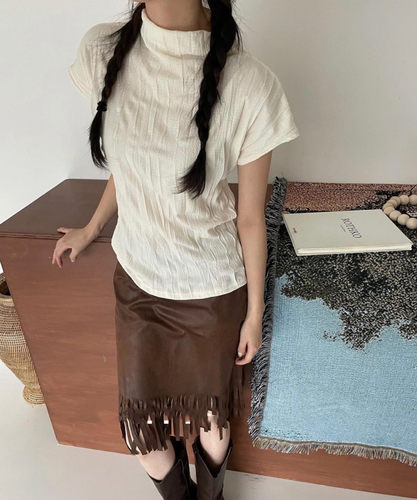 小飞袖复古风琴褶短袖修身上衣