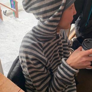 Exclusive type 街头日系复古磨毛条纹博主baby同款连帽纽扣卫衣