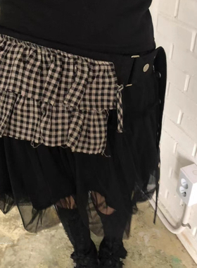 Exclusive type 街头古早日系格纹荷叶边腰带双用拉链单肩包腰包