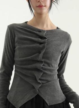 Exclusive type 韩国个性设计抽褶系扣短款修身螺纹长袖开衫T恤女