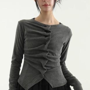 设计抽褶系扣短款 韩国个性 修身 螺纹长袖 T恤女 Exclusive 开衫 type