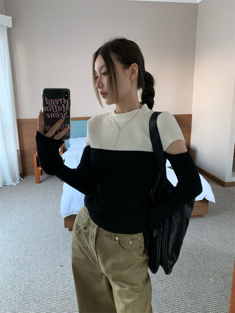 镂空撞色修身显瘦软糯针织衫