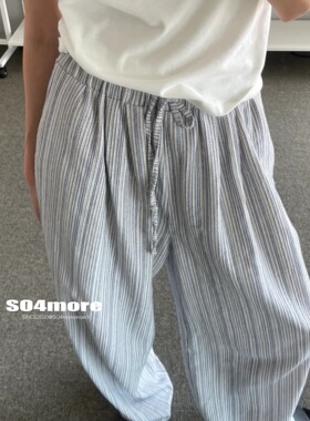 Exclusive type韩国简约慵懒复古细蓝条纹抽绳松紧腰宽松休闲长裤