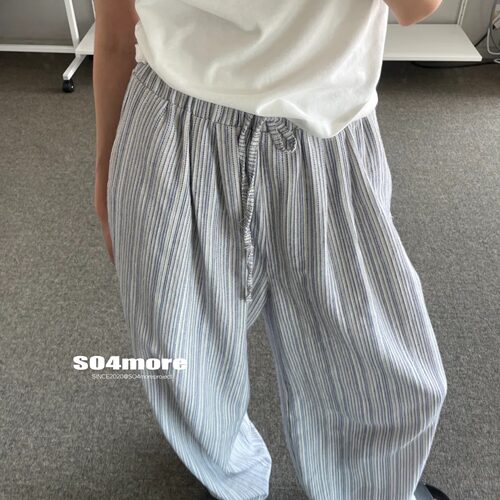 复古细蓝条纹抽绳松紧腰宽松长裤