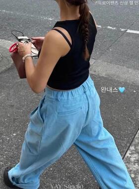 Exclusive type秋冬新款复古蓝色灯芯绒后松紧高腰显瘦直筒休闲裤