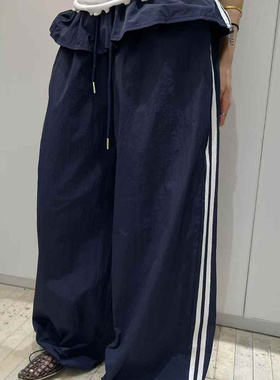 Exclusive type街头少女运动风假两件裙摆织带抽绳长裤尼龙休闲裤
