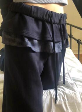 Exclusive type秋冬新款可爱复古格纹日系拼接花边假两件休闲裙裤