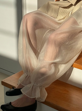 Exclusive type 日系夏季清凉褶皱透视纱设计百搭松紧腰哈伦长裤