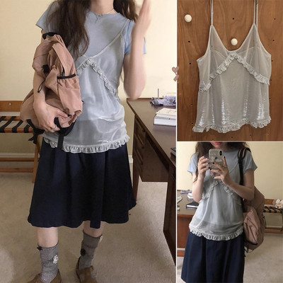 光泽感蕾丝花边背心吊带上衣女