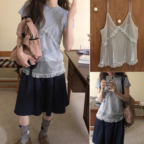 光泽感蕾丝花边背心吊带上衣女