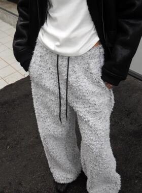 Exclusive type 韩国复古慵懒冬日暖和帅气灰白系带直筒宽松卫裤