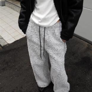 Exclusive type 韩国复古慵懒冬日暖和帅气灰白系带直筒宽松卫裤