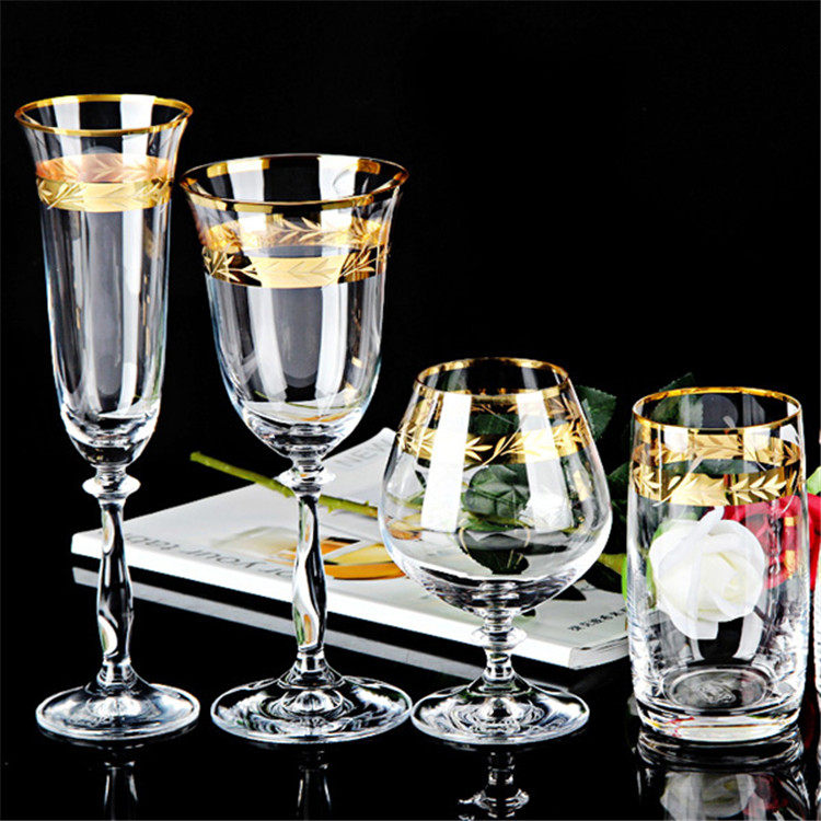 捷克波西米亚进口水晶镶金边麦穗刻花香槟杯红酒杯威士忌杯水杯