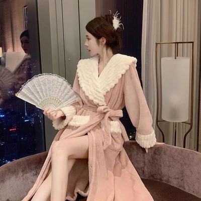 睡袍女睡衣女加绒加厚加长珊瑚绒珊瑚绒浴袍秋冬季2023新款家居服