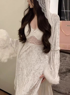 氛围感纯欲仙女带胸垫吊带睡裙睡袍连帽毛领性感蕾丝金丝绒家居服