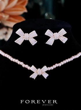 蝴蝶结人造珍珠项链轻奢锁骨链女