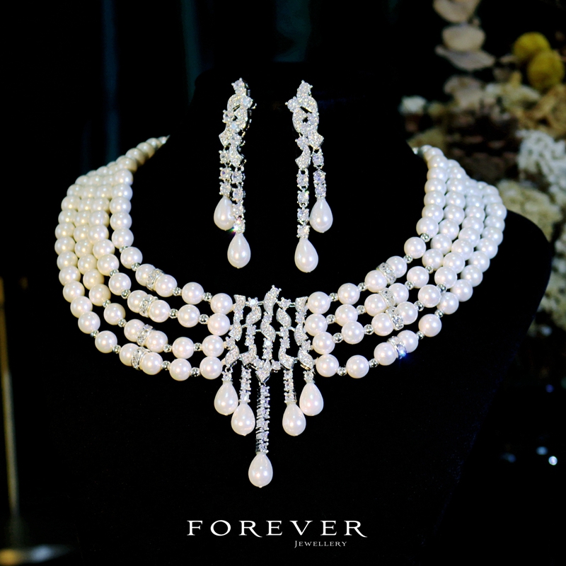 锆石仿珍珠精美女式多层项链耳钉