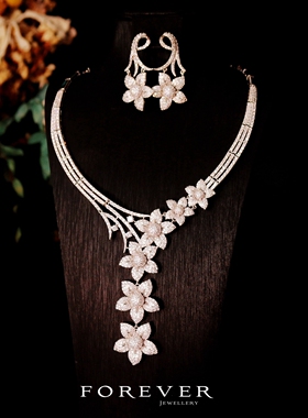 超闪微镶锆石花朵新娘项链耳环闪