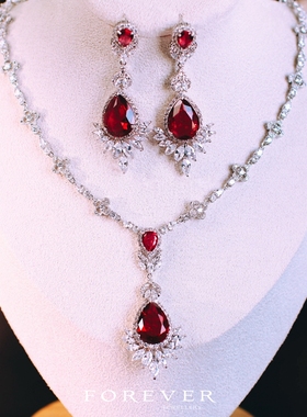 新娘奢华红色宝石锆石项链925银针耳环套装晚宴礼服配饰两件套闪
