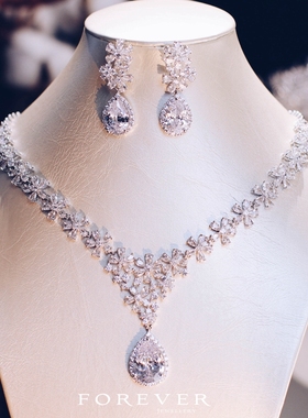 超闪奢华锆石微镶新娘项链耳环套装饰品婚纱礼服配饰晚宴宴会首饰