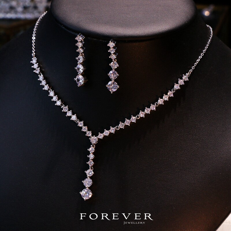 奢华精致锆石项链耳环套装新娘婚纱礼服配饰舞台饰品锁骨链小吊坠,饰品/流行首饰/时尚饰品新,项链,淘宝优惠券,粉丝福利购,淘宝优惠卷