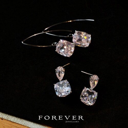 简约百搭镶钻方形四爪耳坠耳环