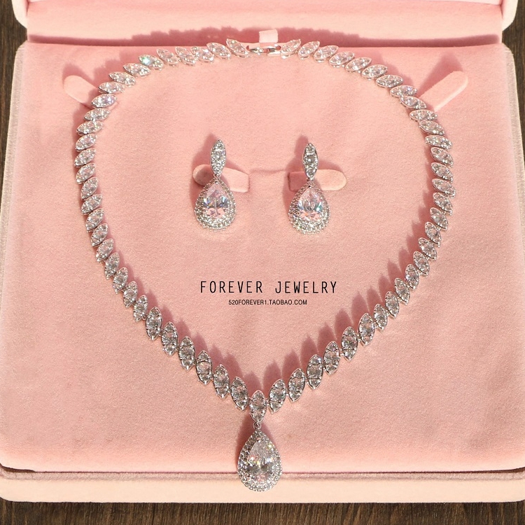 新娘首饰日韩简约微镶锆石项链耳环套装结婚纱礼服宴会配饰品包邮