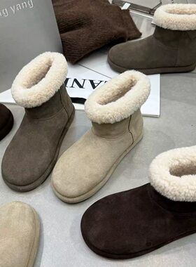 TTYY2026冬季新款磨砂真皮纯皮加棉平底百搭休闲女鞋雪地靴短靴
