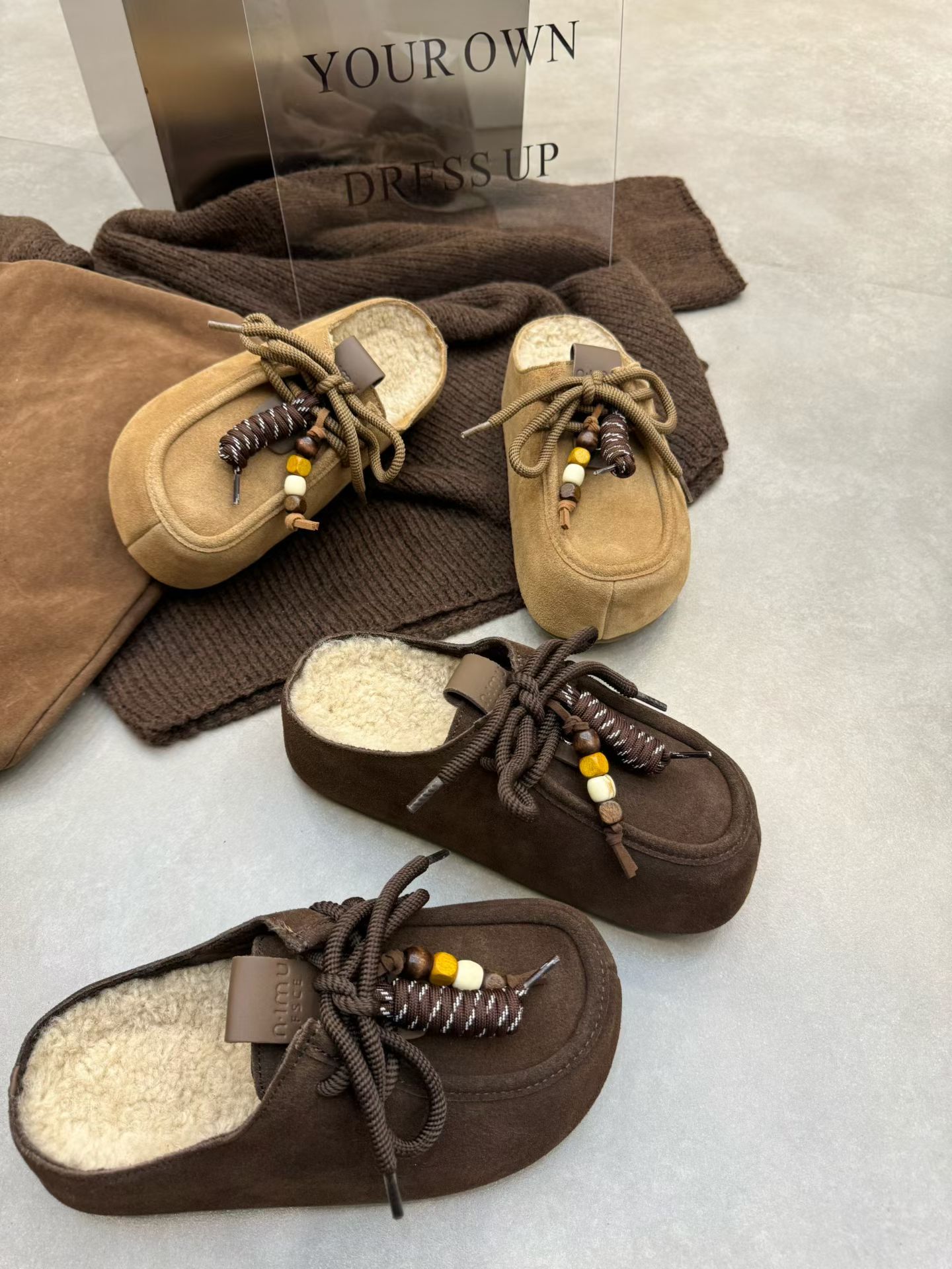 芭慕秀新款真皮纯皮松糕厚底内增高包头半拖鞋休闲百搭女鞋勃肯鞋