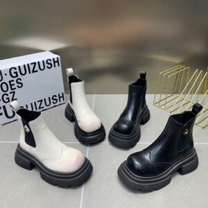 欧洲站2023早秋新款纯皮真皮方头松糕厚底短筒马丁靴机车靴女鞋