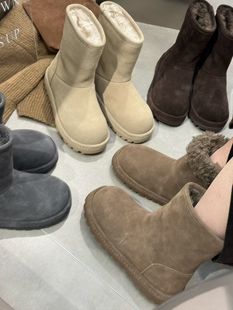 2025新款 加绒秋冬百搭女短筒雪地靴 磨砂真皮平底内增高羊羔毛毛鞋
