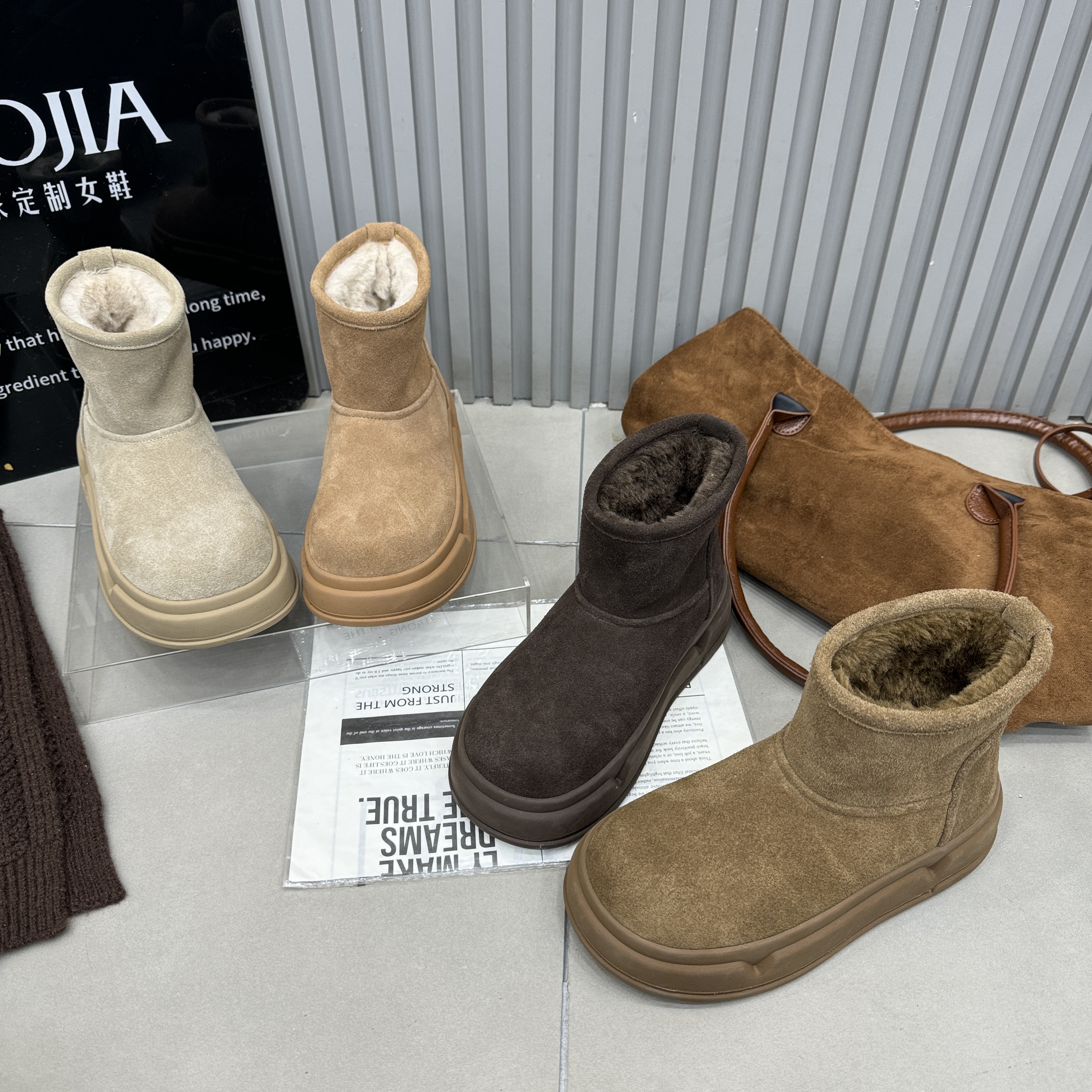 TTRR冬季新款平底内增高羊羔毛毛加绒保暖雪地靴女鞋休闲鞋短筒靴