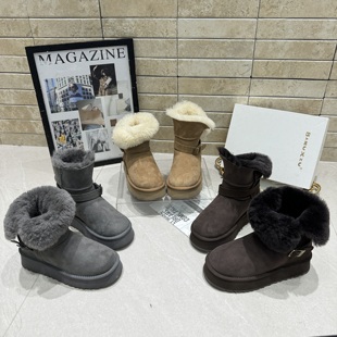 芭慕秀皮毛一体2025新款 真皮厚底增高加绒秋冬百搭女短筒雪地靴