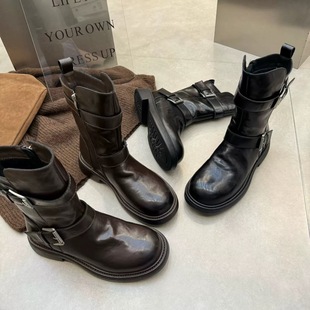 秋冬新款 真皮加绒厚底侧拉链马丁靴女复古褶皱机车瘦瘦短靴女鞋