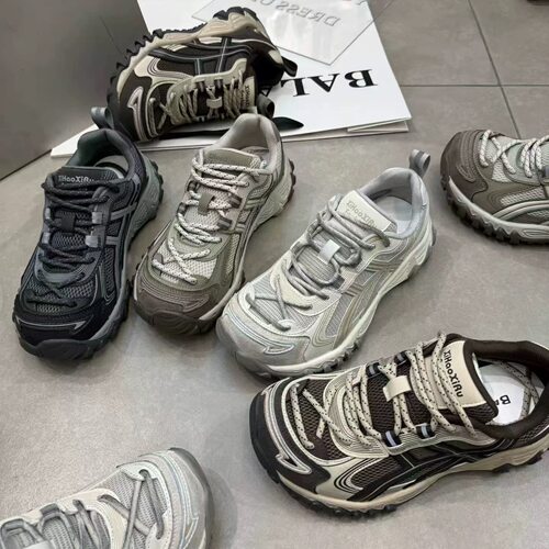 芭慕秀2026秋季新款真皮网面厚底松糕底休闲女鞋老爹鞋德训慢跑鞋
