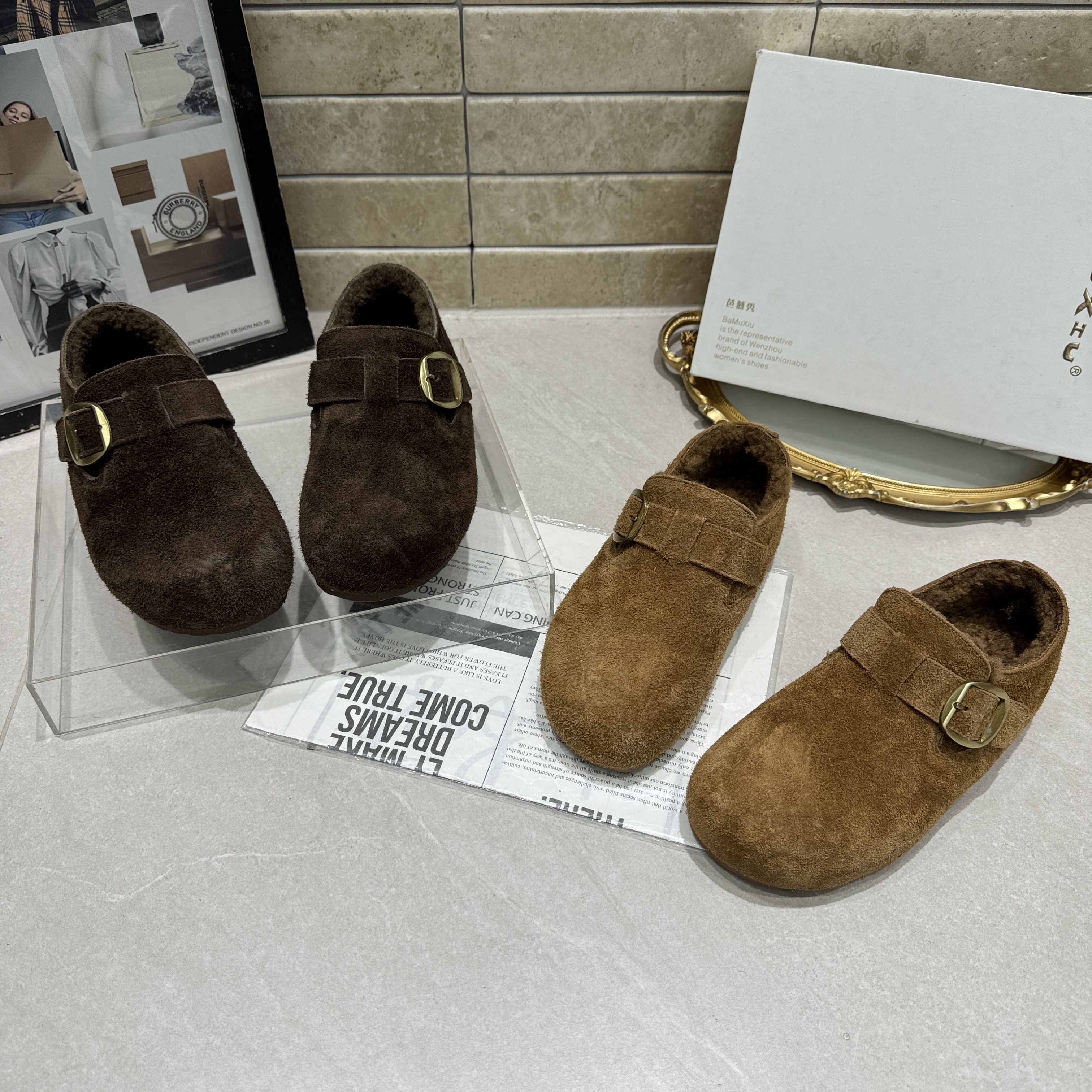 芭慕秀2025冬季新款磨砂纯皮真皮平底内增高加绒保暖百搭勃肯鞋女