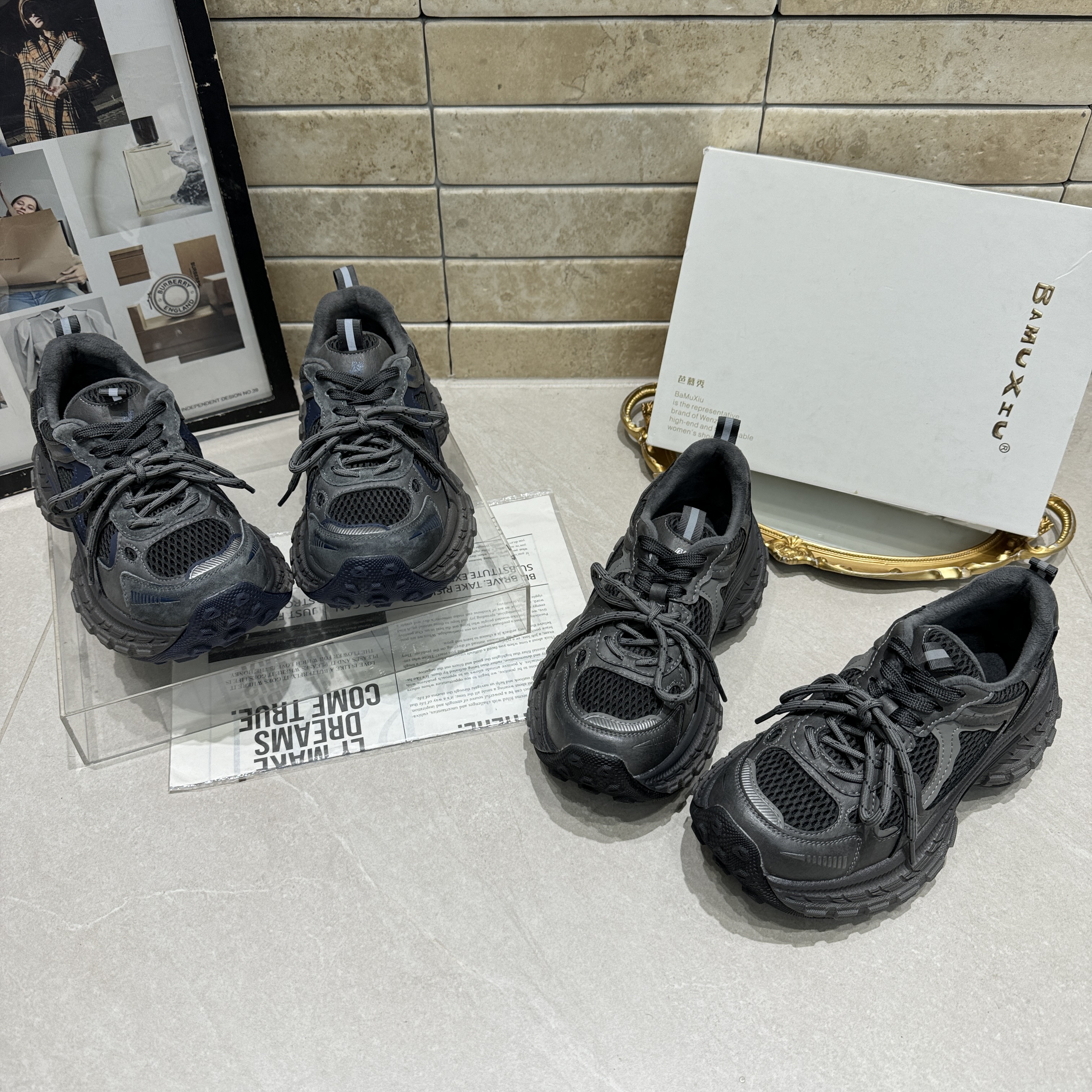 芭慕秀新款真皮厚底增高加绒休闲老爹鞋女百搭休闲运动鞋透气轻便