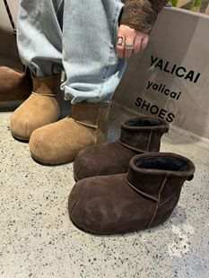 加绒保暖雪地靴女短靴 磨砂真皮平底内增高羊羔毛毛鞋 2025冬季 新款