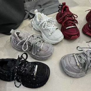 新款 女鞋 满钻水钻厚底增高系带老爹鞋 爆款 百搭休闲运动鞋 2026春季