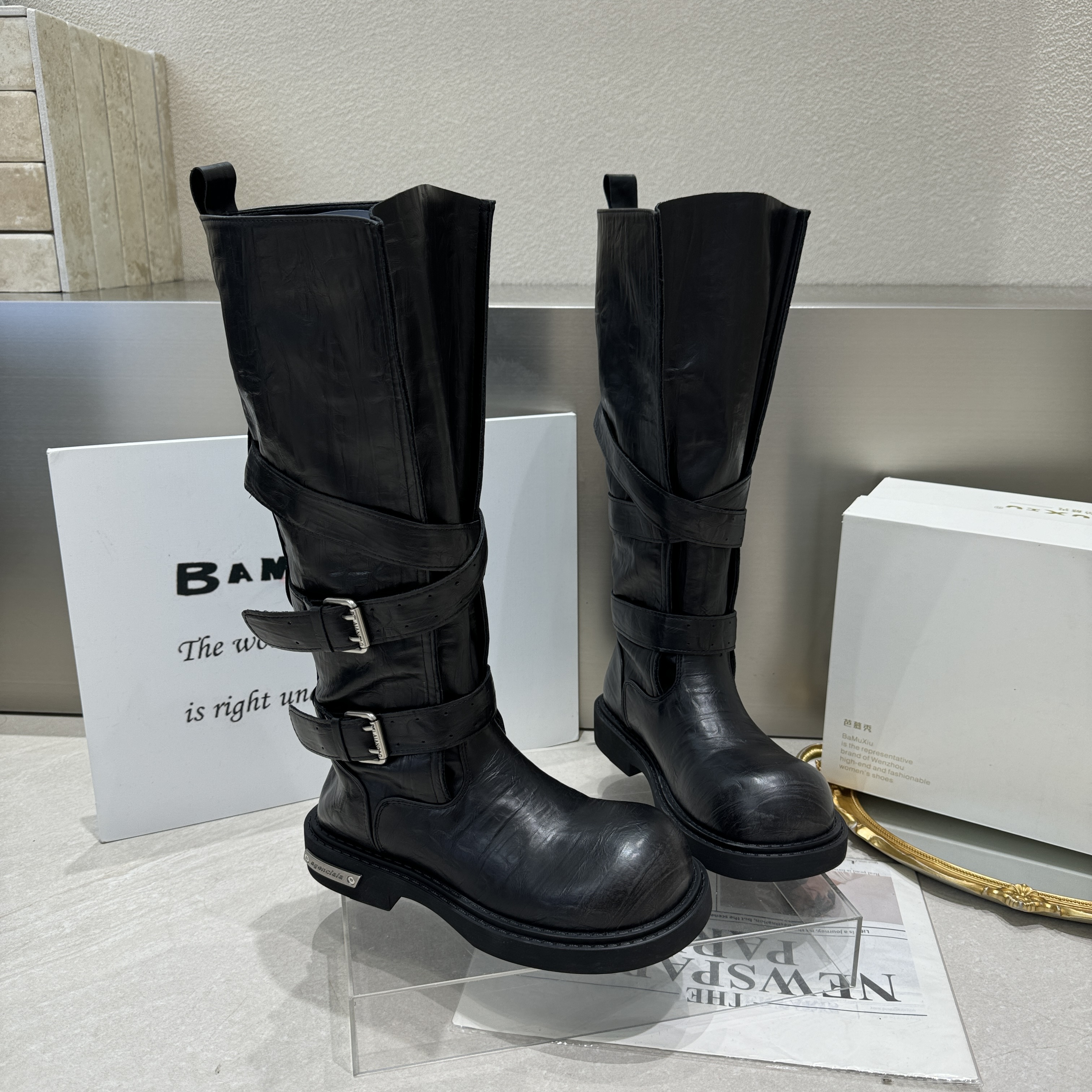 2025秋季新款复古真皮纯皮松糕厚底增高休闲百搭女鞋高筒靴马丁靴