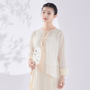 2026春夏传统国风改良汉服女装新中式圆领衬衫麻纱两件式禅服上衣