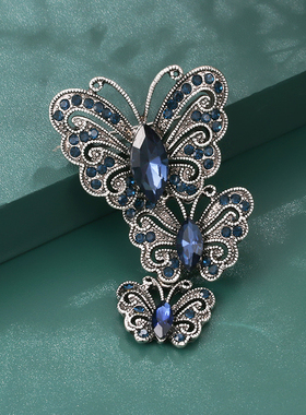 复古墨兰蝴蝶胸针古银水晶镶钻昆虫胸花小众设计个性创意百搭配饰