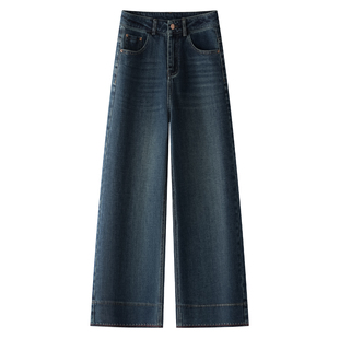 蓝色阔腿牛仔裤女2025新款秋季美式复古高腰宽松小个子九分直筒裤