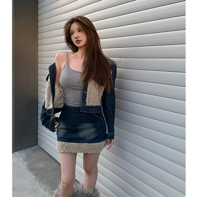 2025冬季新款套装女羊羔毛拼接牛仔短款夹棉加厚外套半身裙两件套